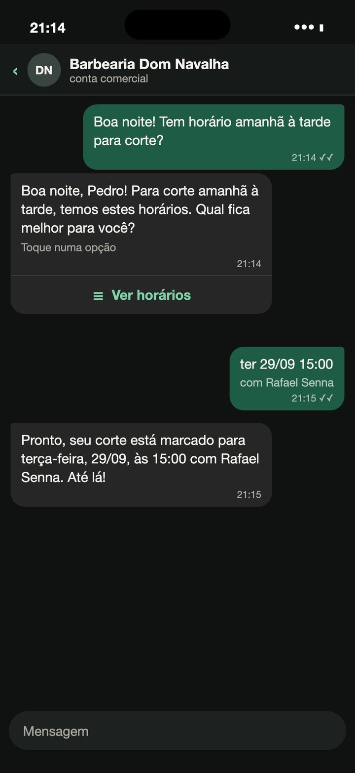 A IA conversando com um cliente no WhatsApp e marcando o corte