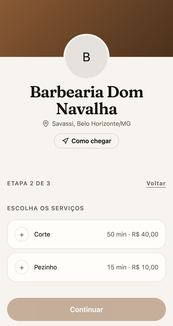 A página de agendamento da barbearia, com os serviços e o preço