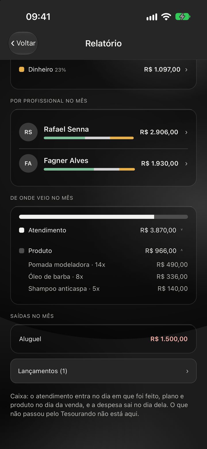 O relatório do mês, por profissional e por serviço e produto